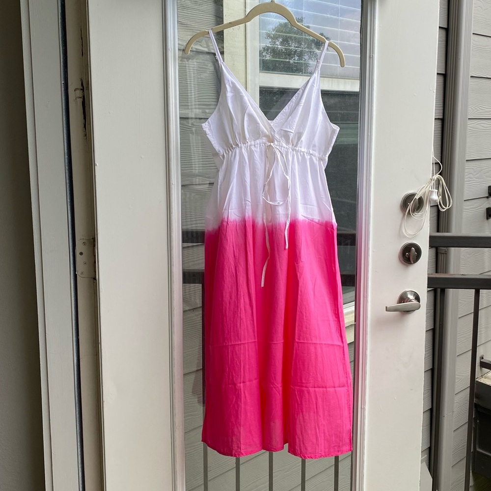 Provogue Large White Pink Dip Dye Cotton Sleeveless Sundress Ombre Boho